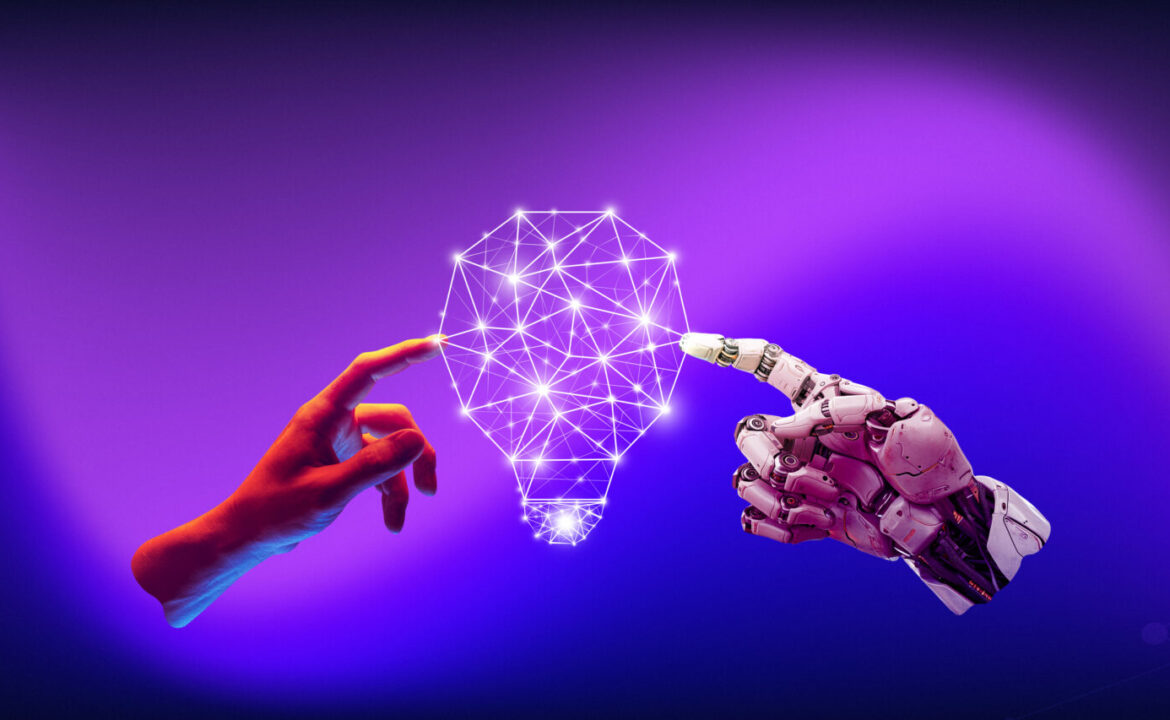 3D model of robotic hand with digital lightbulb over gradient purple background. Conceptual design. Artificial intelligence services