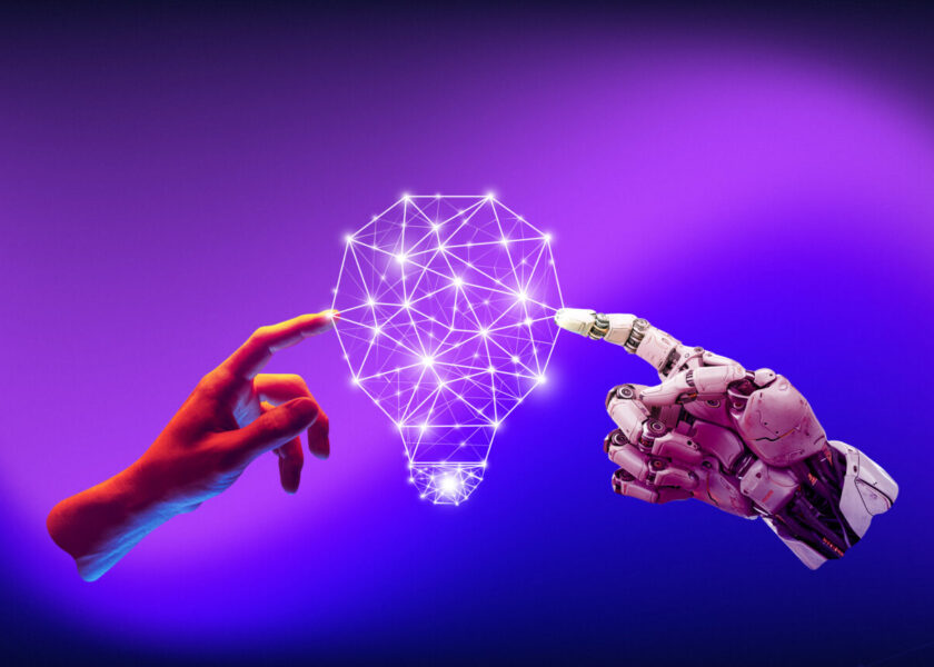 3D model of robotic hand with digital lightbulb over gradient purple background. Conceptual design. Artificial intelligence services