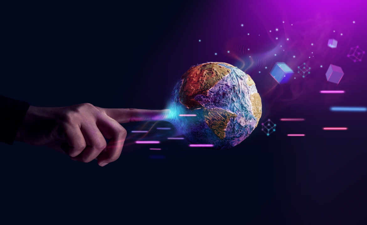 World Technology Concepts. Metaverse, Web3 and Blockchain. Global Network and Data Exchange. Worldwide Business. Hand Touching to Interact with the Globe